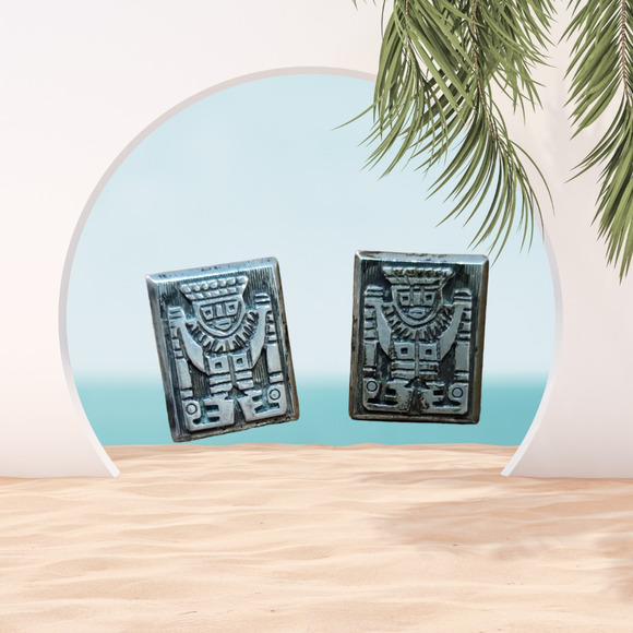 925 Ecuador tribal ethnic Aztec Maya silver cufflinks - Picture 1 of 2